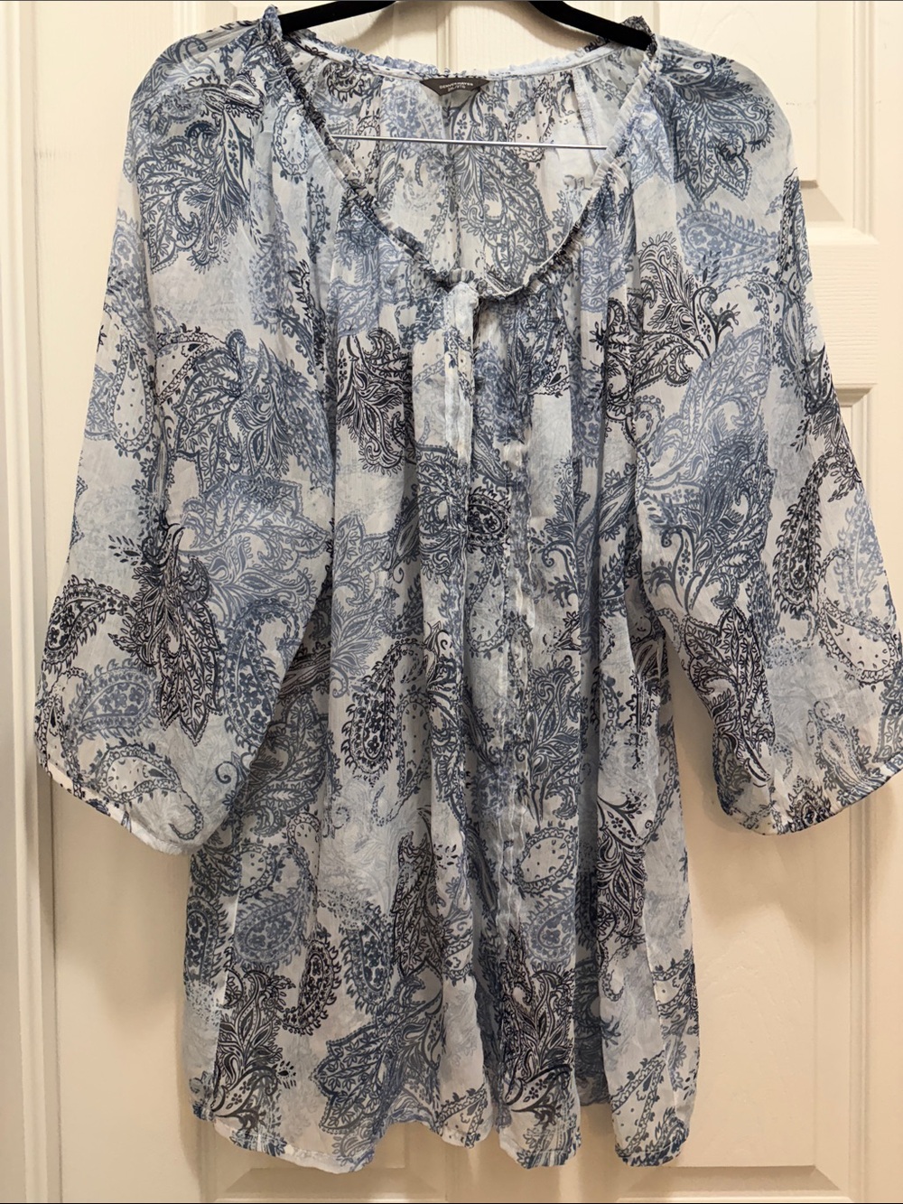 Denver Hayes Blue Paisley Ruffled Neck Blouse
